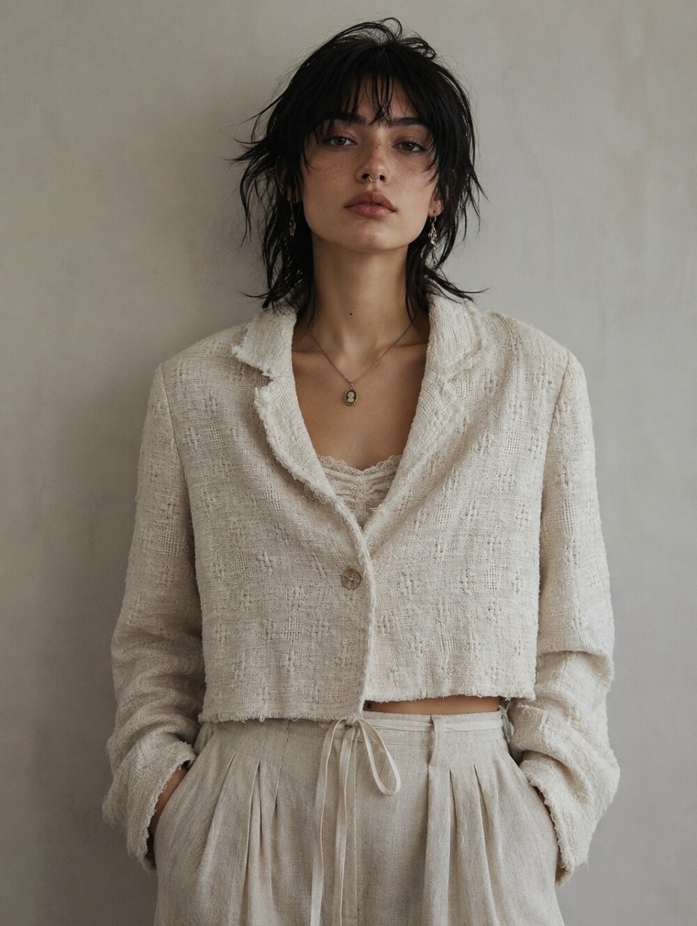 Zara Cream Cropped Textured Tweed Blazer Jacket Large